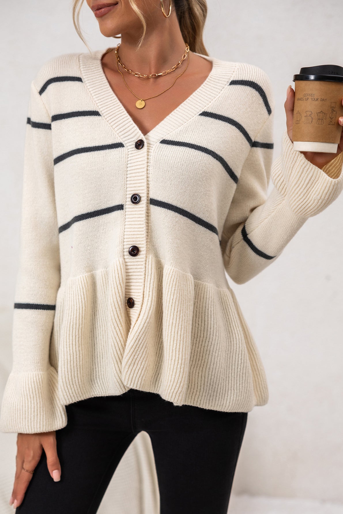 V-Neck Striped Loose Fit Knit Cardigan