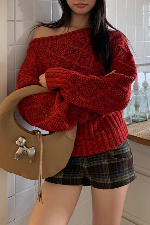 Red Asymmetric Off-Shoulder Thick Cable Waist-Cinched Sweater