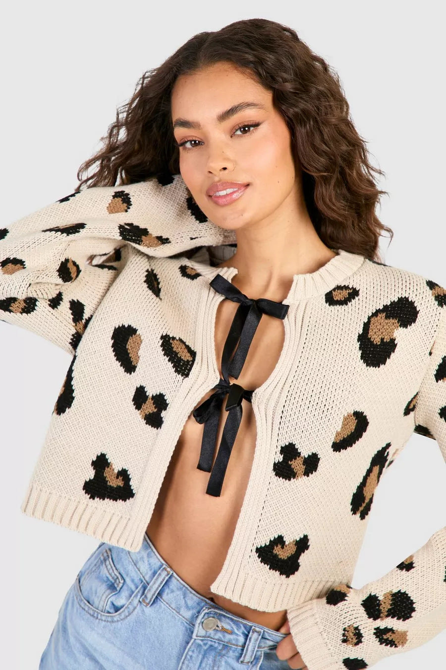 Tie Front Leopard Knit Cardigan