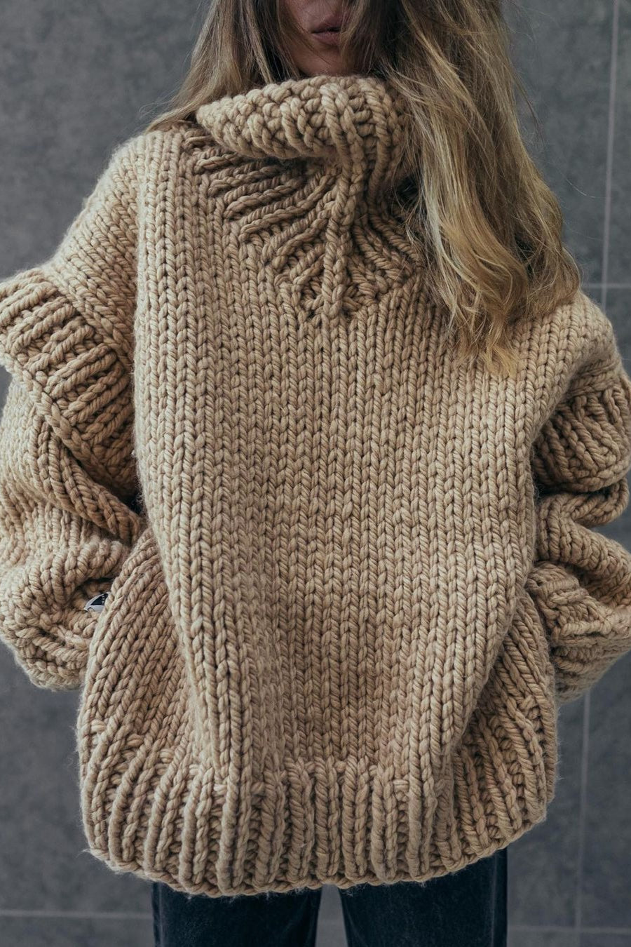 Solid Patchwork Chunky Fluffy Turtleneck Sweater