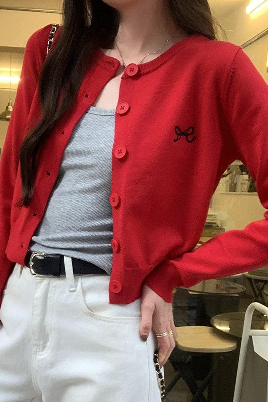 Bow Embroidered Knit Cardigan