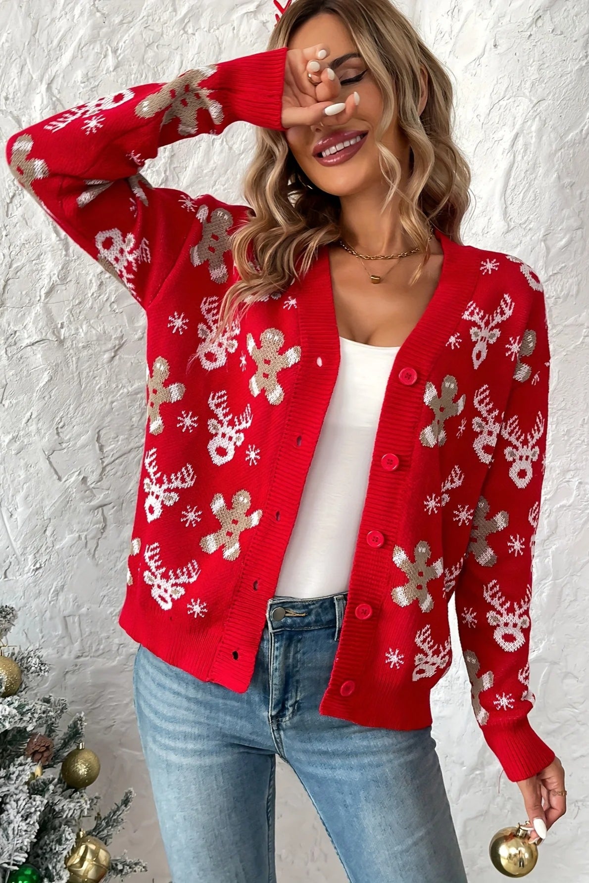 Reindeer Print Plush Knit Cardigan