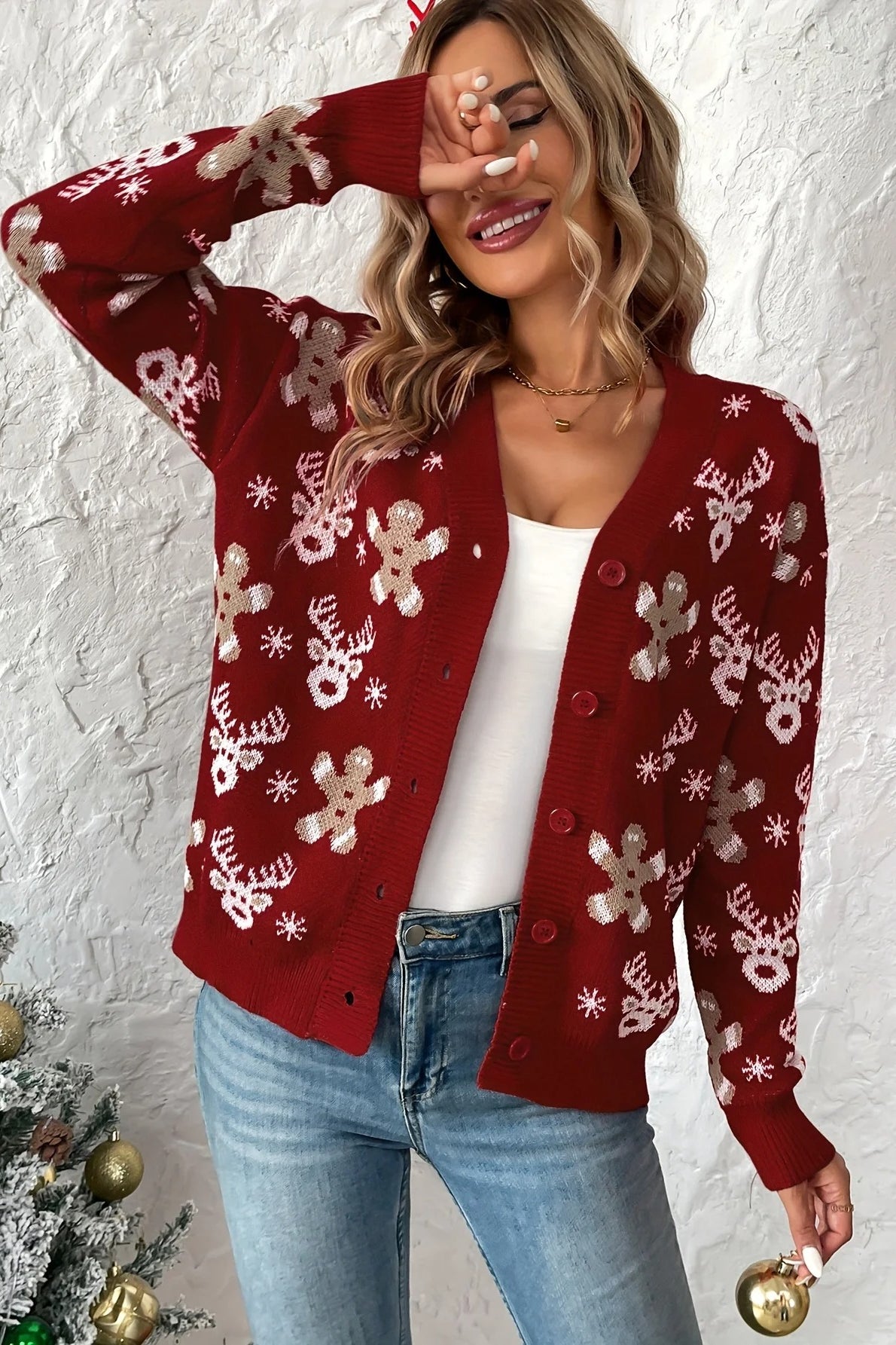Reindeer Print Plush Knit Cardigan