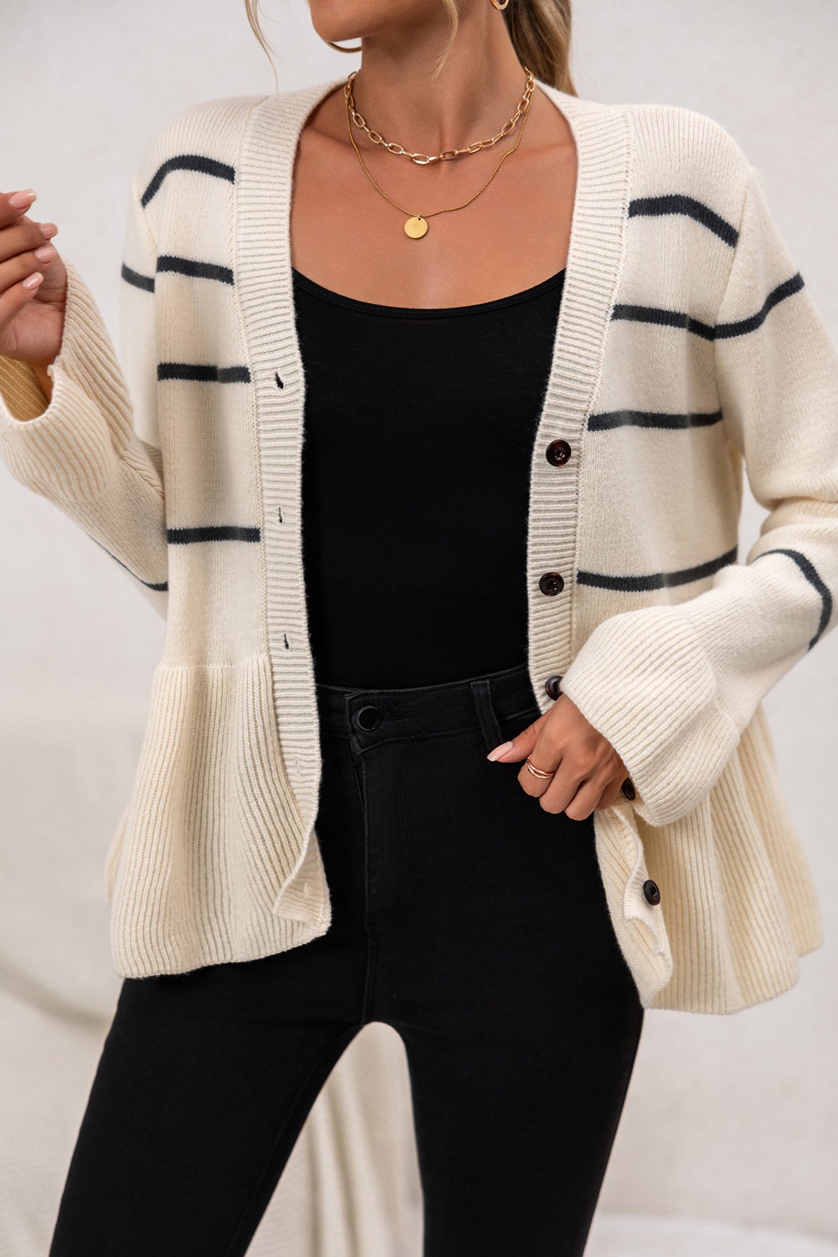 V-Neck Striped Loose Fit Knit Cardigan