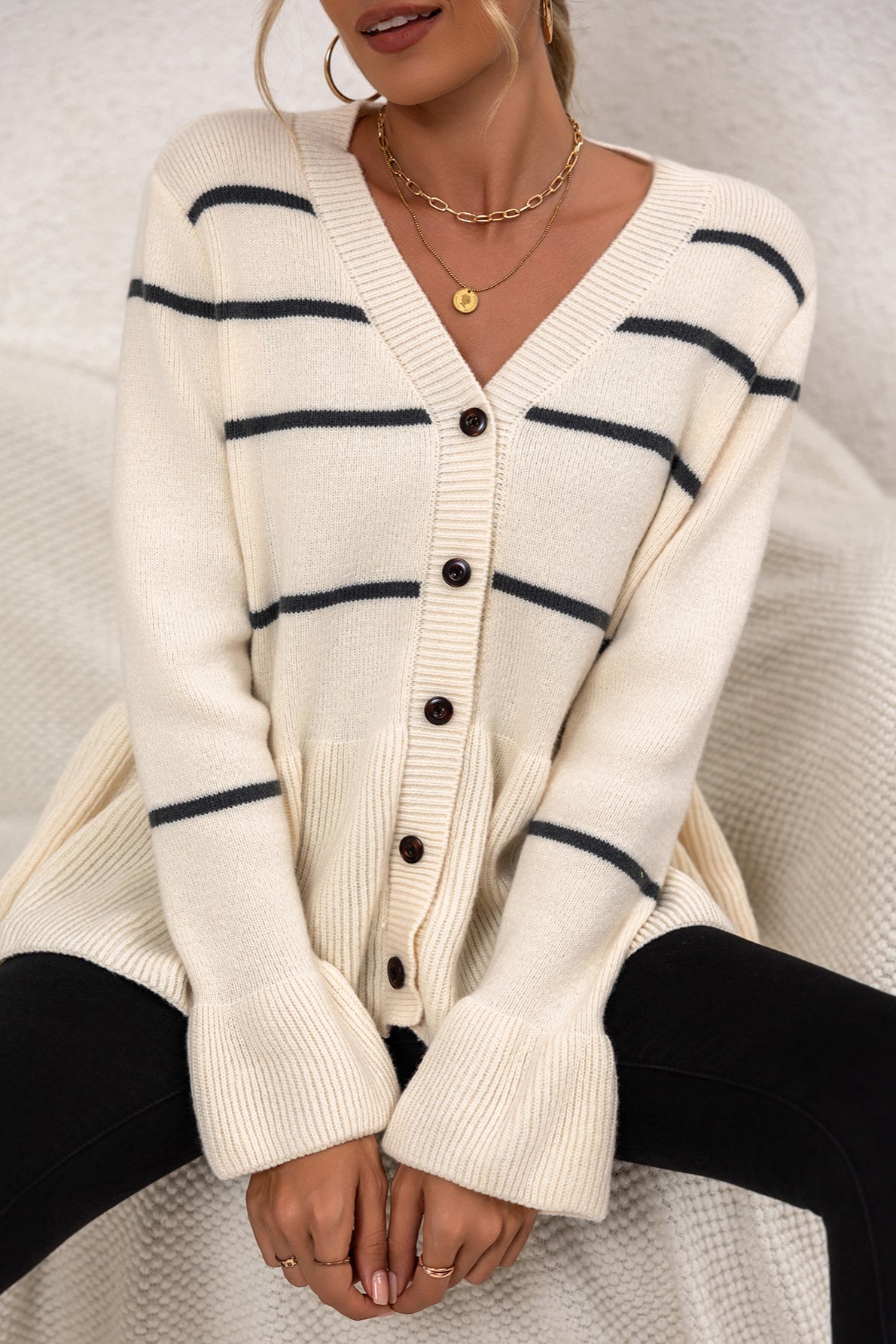 V-Neck Striped Loose Fit Knit Cardigan