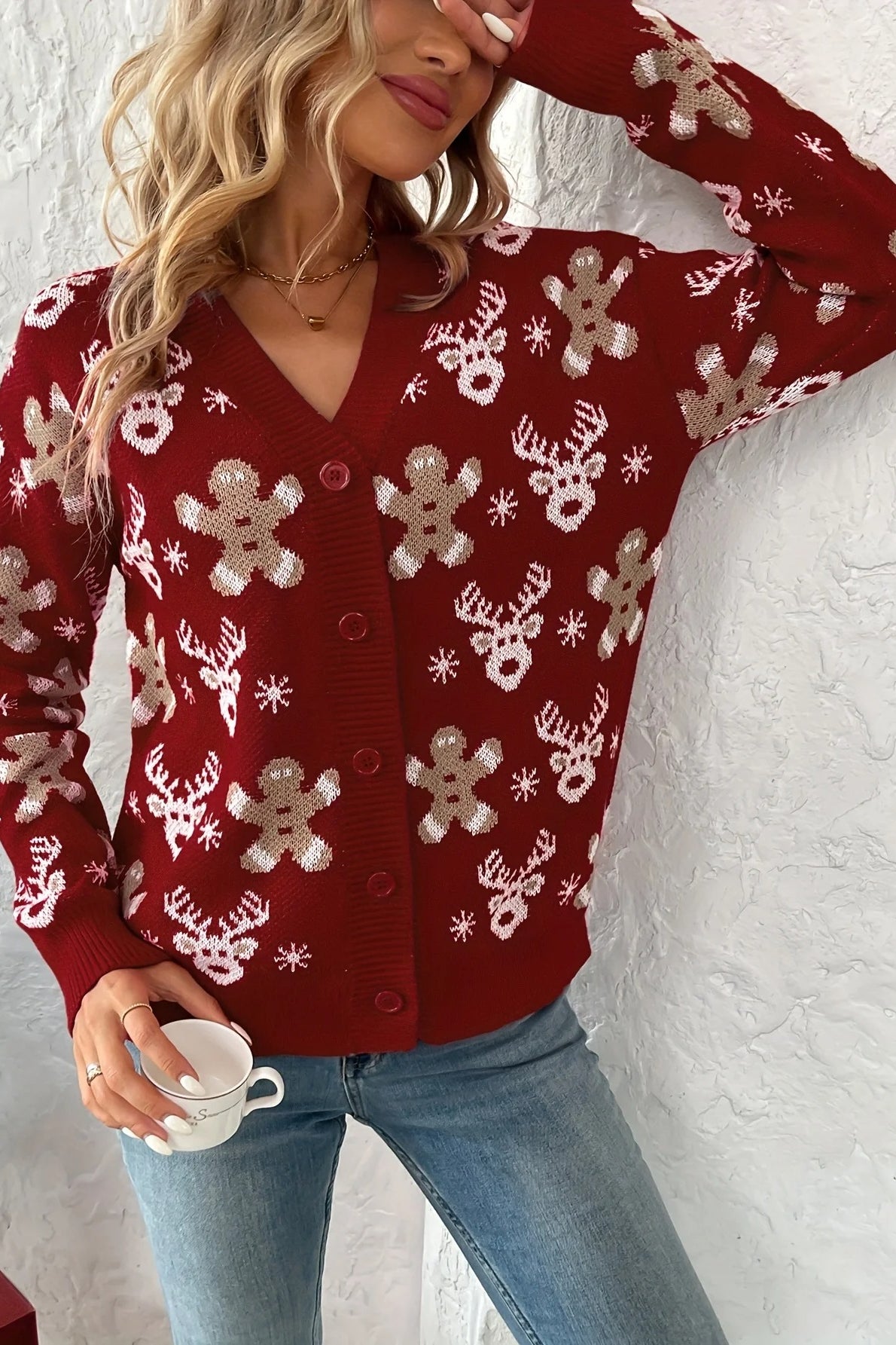 Reindeer Print Plush Knit Cardigan